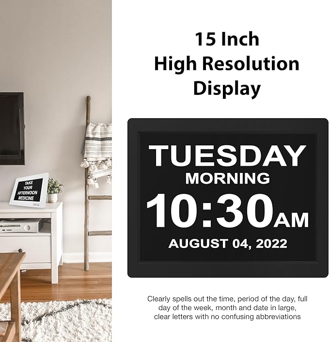 American Lifetime Upgraded Version, Day Clock Extra Large Impaired Vision Digital Clock with Backup and 5 Alarm Options, Black 15 Inches