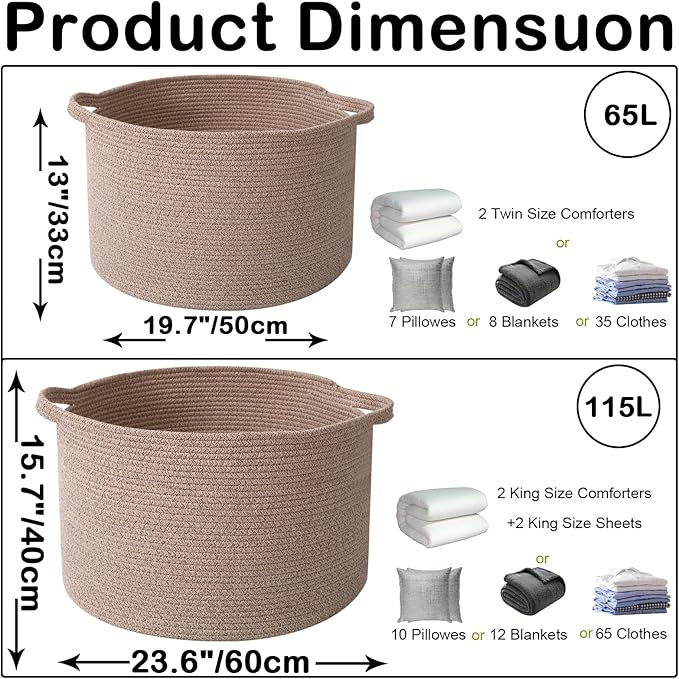 Large Storage Basket with Handle,19.7" L x 19.7" W x 13" H Blanket Basket Storage Bins for Organizing,65L Cotton Rope Woven Baskets for Living Room, Nursery ,Bedroom,Brown