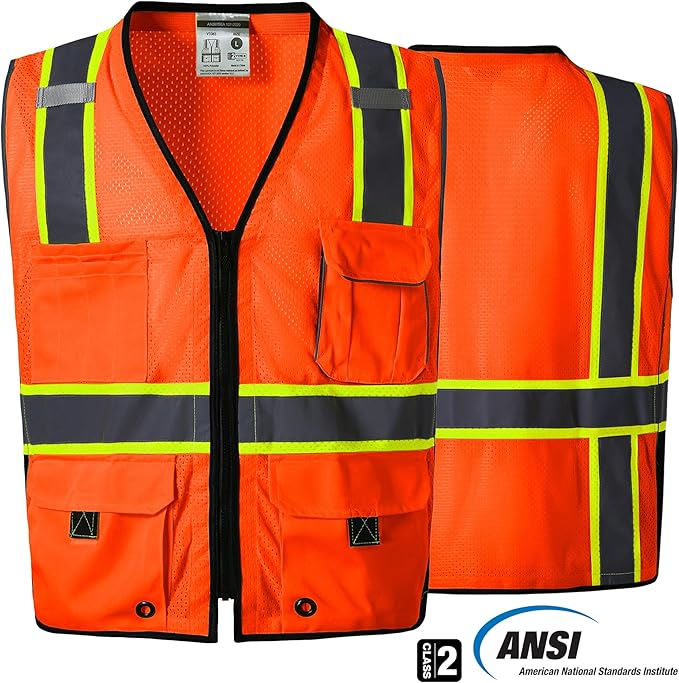 SKSAFETY 10 Pockets Hi Vis Safety Vest with Zipper - Class 2 Reflective Security Vest, ANSI/ISEA Standard - Construction Work Vest (Orange, 5XL)