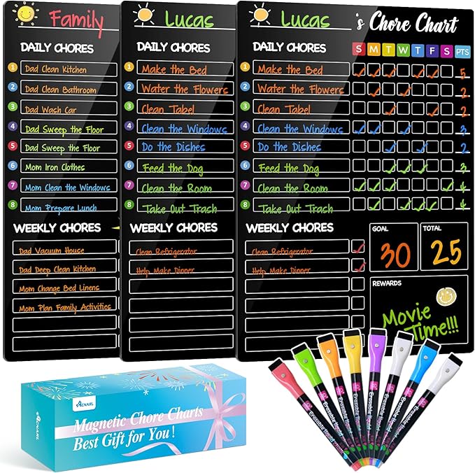Magnetic Chore Chart for Kids with 8 Markers,3 Pack 8"x12" Dry Erase Chore Chart for Multiple Kids, Behavior Chart for Kid at Home, Responsibility Chart for Children/Teens/Adults, Black Chore Board