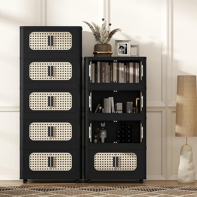 5 Tiers Folding Storage Cabinet,20" Side Wide Stackable Storage Bins with Doors and Wheels, Space Saving Plastic Cabinet for Living Room, Office, Dorm, Retro Black