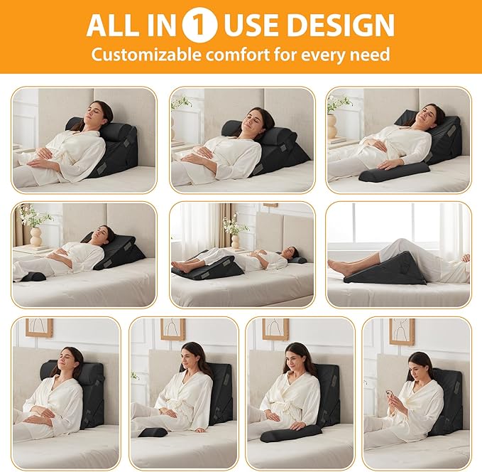 3PCS Wedge Pillow Set for After Surgery, Adjustable 9&12 Inch Bed Wedge Pillow for Sleeping, Incline Pillow Wedge for Headboard, Post Surgery, Acid Reflux, Neck&Back Support, Black