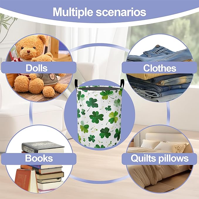 Green Lucky Clover Laundry Basket-Large Foldable Hamper Holder Portable Tall Collapsible Laundry Hamper Storage Basket Bin with Handles, Canvas & Waterproof lining for Household Items