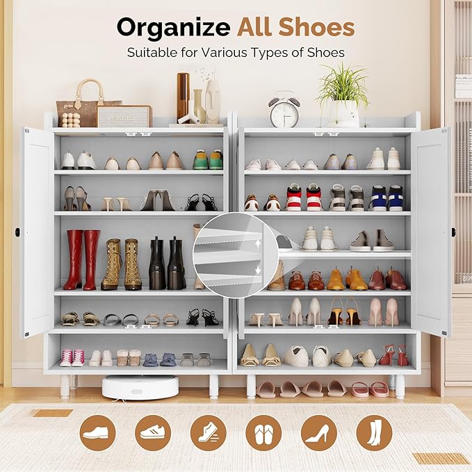 Entryway Shoe Cabinet with Doors, 6-Tier Farmhouse Shoe Storage Organizer with Adjustable Shelves Holds 18-26 Pairs and Metal Legs, Entry Organizer Entryway, Living Room (White)