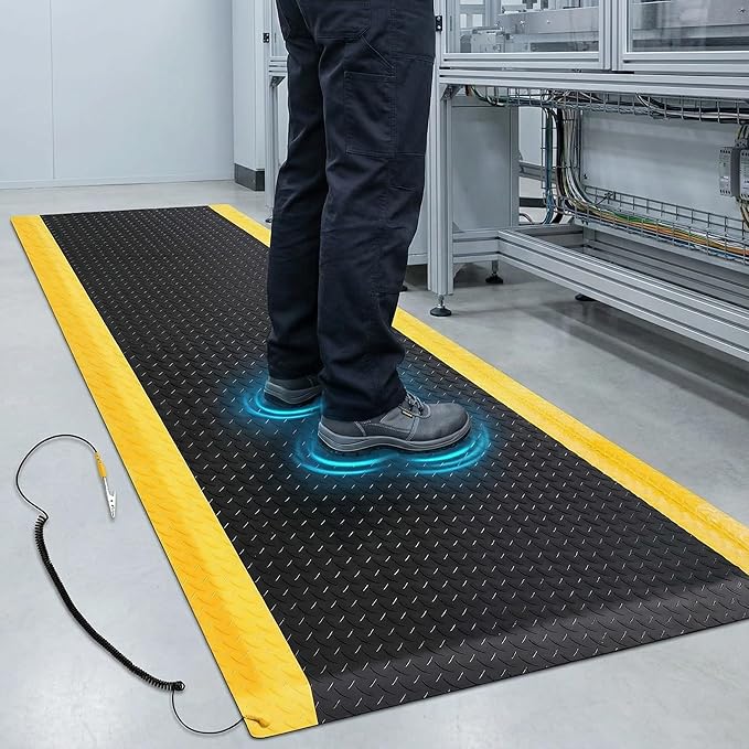 3'x12' Anti-Fatigue Mat ESD Conductive Pad with Ground Wire, Ergonomic Standing Floor Mat Heavy-Duty Diamond Plate Surface for Commercial&Industrial Work, Thick 3/4” Black with Yellow Border