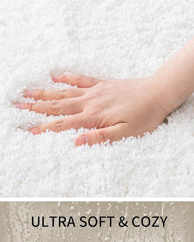 Bathroom Rugs 48x24, Ultra Thick Shaggy Soft Microfiber Absorbent Bath Rug, High Density Foam Latex Non Slip Backing, Machine Washable Bath Mats for Bathroom Floor & Sink, White