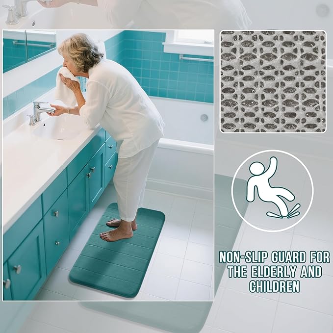 Yimobra Memory Foam Bath Mat Set 3 Pieces- Super Soft Absorbent Quick Dry Bathroom Rug Sets, Machine Washable Non Slip Floor Carpet for Tub Shower, Vanity & Toilet Base, Teal