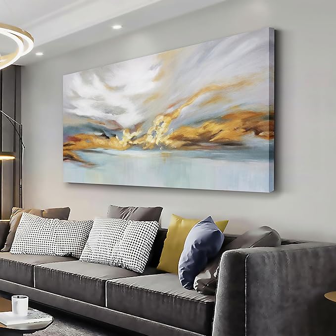 Glvzygy Modern Abstract Wall Art Wall Decorations Greyish White Gold and Blue Abstract Wall Art Canvas Abstract Wall Art for Living Room Bedroom Dining Room Home Office Decor 24"x48"