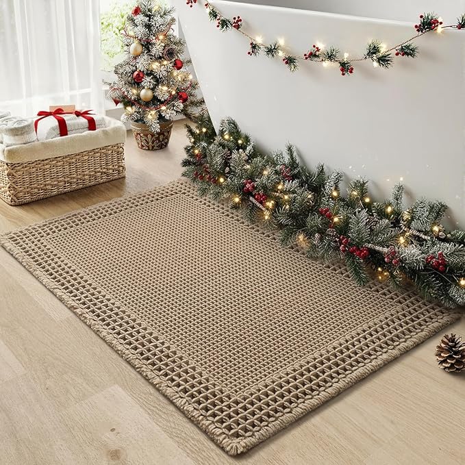 RESARE Waffle Bath Mat for Bathroom, Super Absorbent Bathroom Rugs Non Slip Machine Washable, Ultra Soft Quick Dry Boho Bath Rugs with Tassels for Floor, Upgraded Bordered Design, 18"x30" Brown