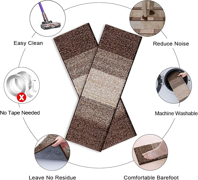 OLANLY Stair Treads Non Slip 4PCS, 8" x 30" Indoor Stair Runners for Wooden Steps, Edging Stair Rugs with Reusable Peel and Stick Adhesive for Kids Elders and Pets, Brown