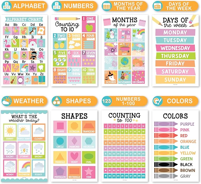 Hadley Designs 16 Educational Posters for Classroom Decor - Pastel Educational Posters for Toddlers 1-3, Toddler Learning Poster for Kids Ages 3-5, Kindergarten & Preschool Classroom Must Haves