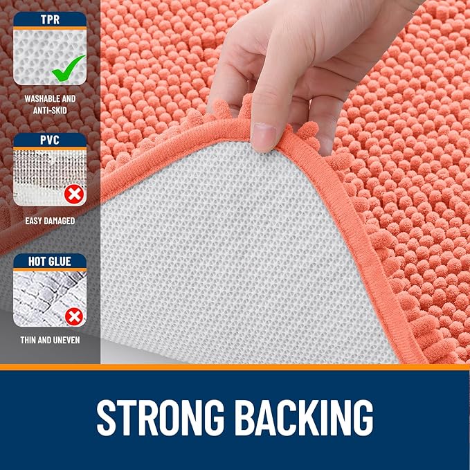 OLANLY Bathroom Rugs Sets 3 Piece, Soft Absorbent Chenille Bath Mats and U-Shaped Contour Toilet Rug, Quick Dry, Home Decor Accessories, Bath Mat Set for Bathroom (47"x20"+24"x16"+24"x20", Coral)