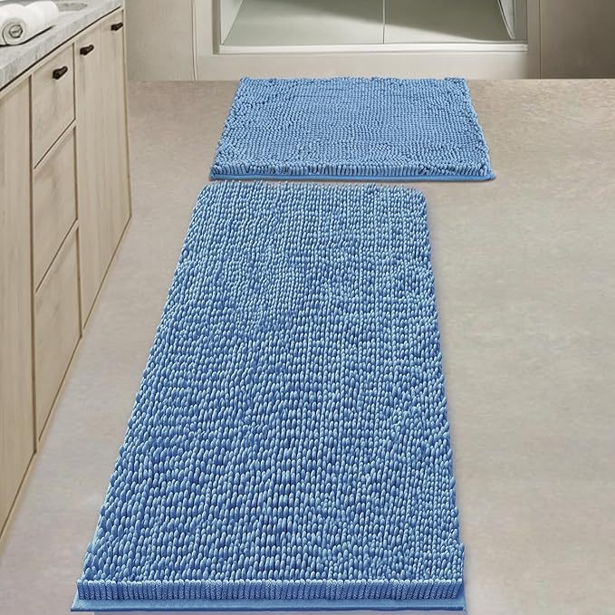 BOANKODU Bathroom Rugs Sets 2 Piece，47X16+16X24Inch，Absorbent Non-Slip Very Soft Chenille Mat,Machine Washable（Fog Blue）