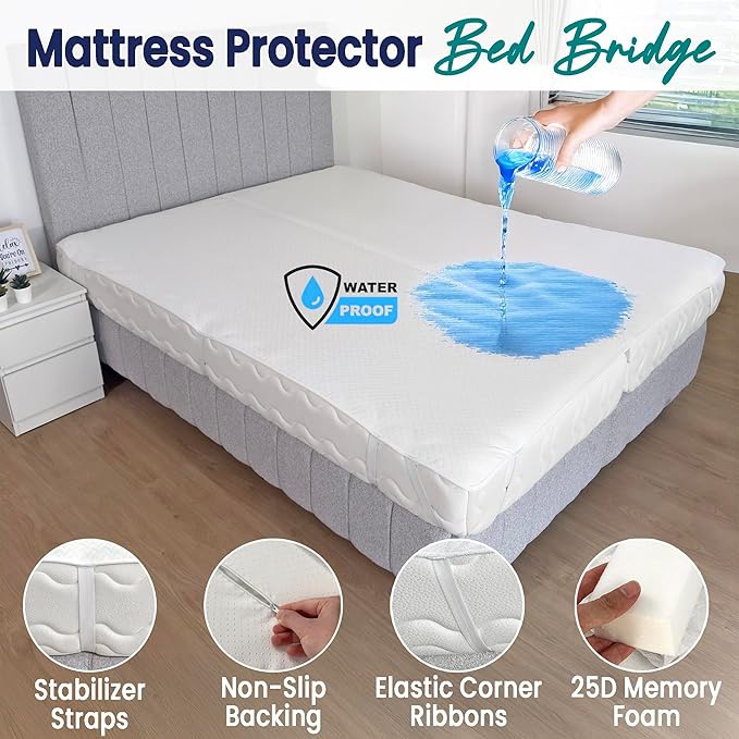 2-in-1 Bed Bridge Twin XL to King Converter with Waterproof Mattress Protector & Elastic Straps | Split King Gap Filler for Adjustable Bed | Non-Slip Bottom | 80"