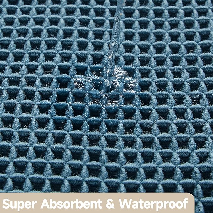 Waffle Bath Mat, Boho Bathroom Rugs Non Slip Washable Super Absorbent Quick Dry Bath Mat Farmhouse Bathroom Decor, 36"x24" Denim Blue