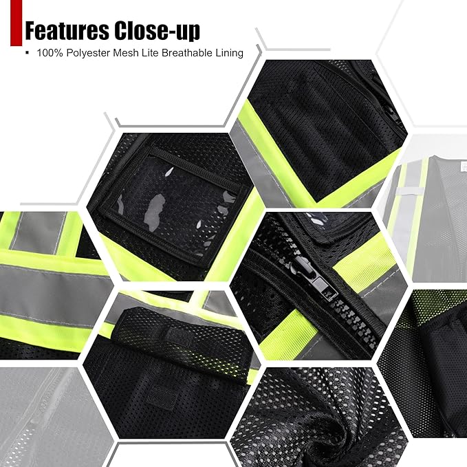 Reflective Safety Vest for Men Women Hi Vis Vest with Pockets High Visibility Vest Mesh Construction Vests Meets ANSI/ISEA Standards (Black-33, Small)