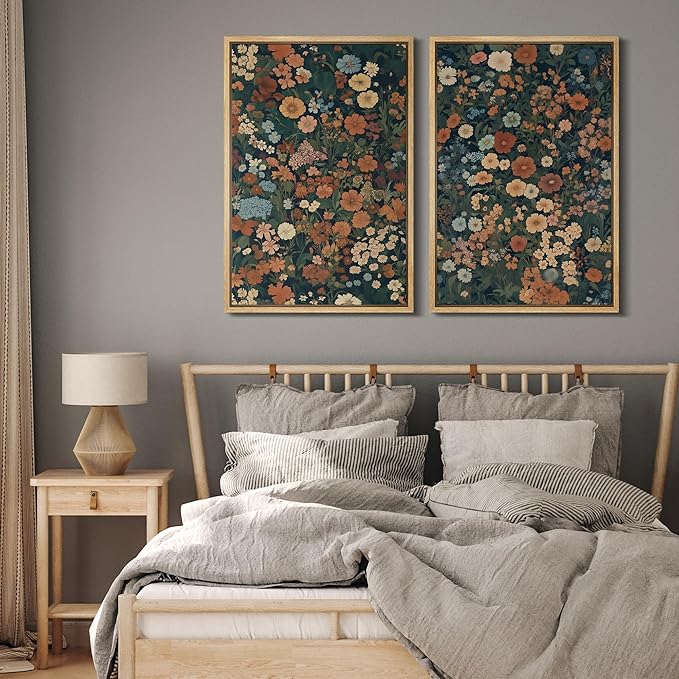 MUDECOR Framed Canvas Print Wall Art Vintage Floral Botanical Colorful Wildflowers Illustrations Modern Art Decorative Bohemian Colorful for Living Room, Bedroom, Office - 24"x36"x2 Natural