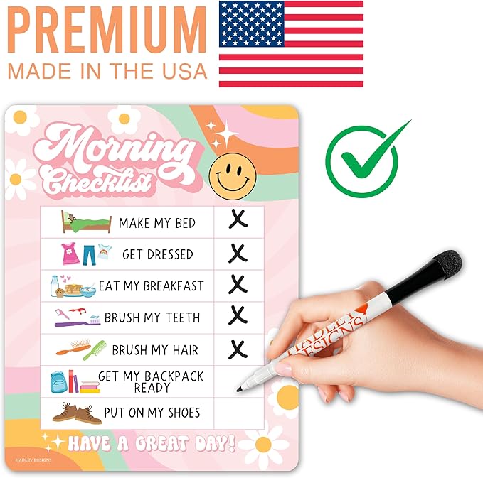Magnetic Morning & Bedtime Routine Chart for Kids - Customizable Toddler Daily Schedule Board with Dry Erase Surface, Stickers & Marker, Build Habits with Visual Checklists, Retro Theme