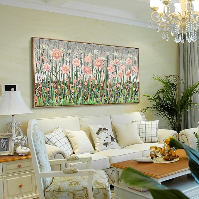amatop Large Botanical Wall Art - Modern Floral Canvas Print, Pale Pink and Green Abstract Wildflower Oversized Framed Artwork for Living Room, Bedroom, Office Wall Decor (58x29 in)