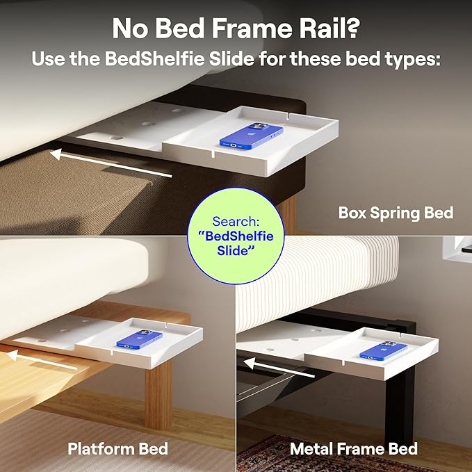 BedShelfie Bedside Shelf for Dorm Room Bunk Bed & Top Bunk, College Dorm Room Essentials, Bedside Caddy, Clip on Floating Desk Tray, Bed Side Table Storage, Loft Nightstand Decor - Cable Catch, White