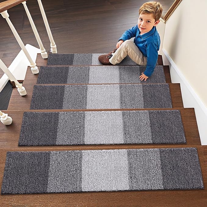 OLANLY Stair Treads Non Slip 15PCS, 8" x 30" Indoor Stair Runners for Wooden Steps, Edging Stair Rugs with Reusable Peel and Stick Adhesive for Kids Elders and Pets, Grey