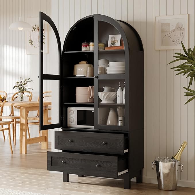 71" Tall Arched Kitchen Pantry, Kitchens Pantry Storage Cabinet with 2 Large Drawers and Adjustable Shelves, Modern Farmhouse Versatile Cupboard for Kitchen, Dining Room, Bathroom, Black