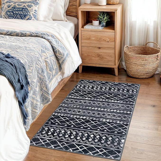 KUTA Moroccan Boho Entryway Rug, 2x3 Black Entrance Small Area Rug Non-Slip Washable, Ultra Soft Vintage Geometric Low-Pile Indoor Door Mat Floor Carpet for Kitchen