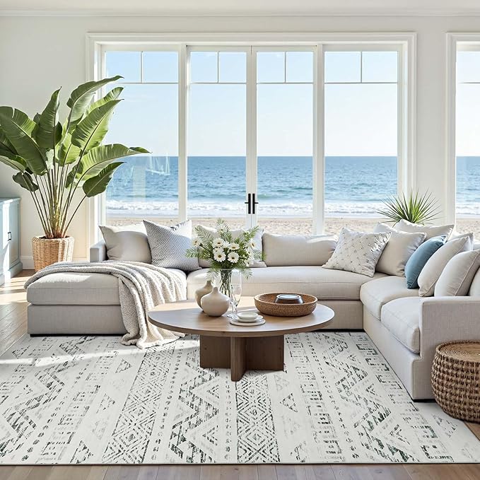 jinchan Boho 8x10 Neutral Area Rugs for Living Room - Machine Washable Moroccan Soft Throw Rug Bohemian Diamond Design Non-Slip Large Carpet for Bedroom Kitchen Dining Room Nursery (8‘x10', Charcoal)