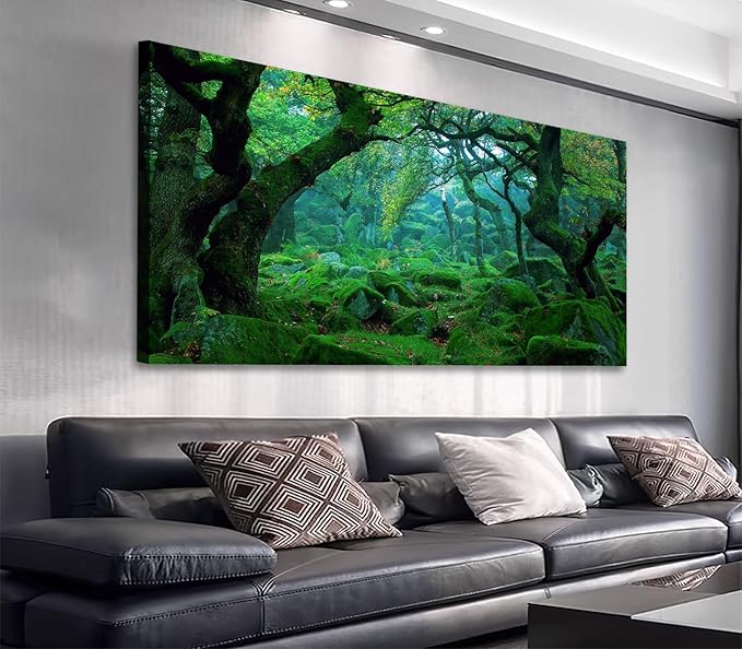 Green Forest Canvas Wall Art Living Room Decoration Big Trees Nature Picture Large Modern Canvas Artwork Contemporary Woods Mossy Rock Spring Season Prints for Kitchen Office Home Decoration 29" x 58"