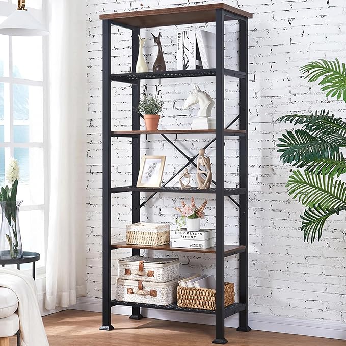 HOMBAZAAR 6 Tier Bookshelf,Grey Industrial Book Shelf,Engineered Wood and Metal Deep Bookshelves,Low Shelf Bookcase for Living Room,Office,Bedroom and Kitchen