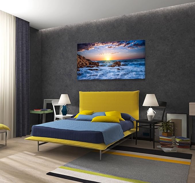 Muolunna S05875 Wall Art Decor Canvas Print Picture Sunset Blue Ocean 1 Panel Sea Waves Scenery Painting Artwork for Office Wall Decor Home Decoration Stretched and Framed Ready to Hang 30x60inch