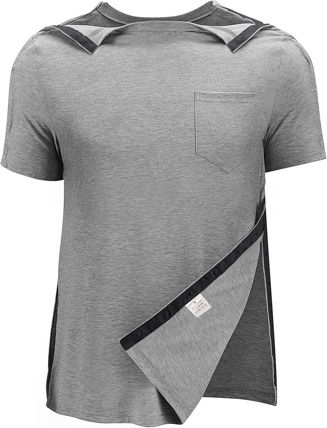 Poriff Men's Post Shoulder Surgery Recovery Shirts Full Tear Away Short Sleeve Snap Chemo Port Access Shirt