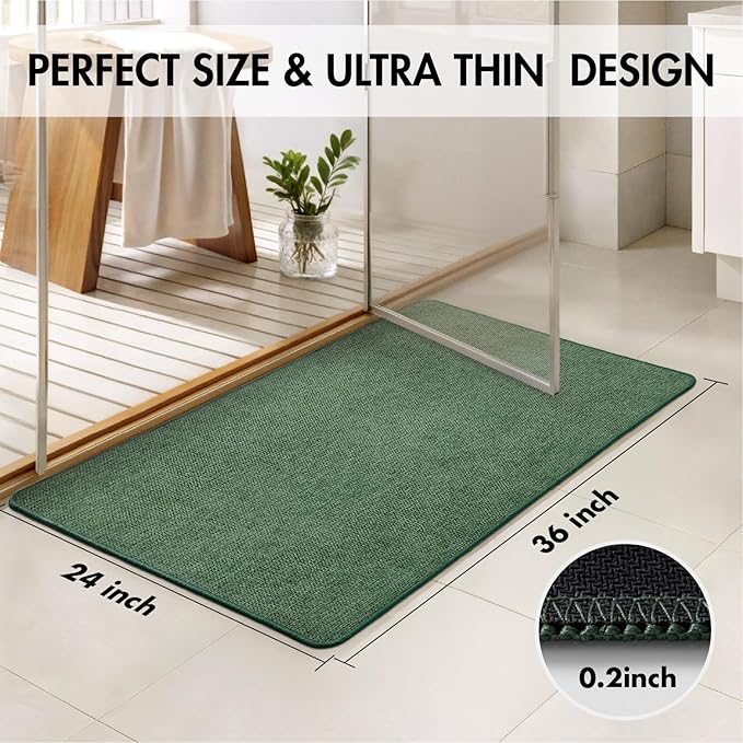 MIULEE Christmas Green Set of 2 Ultra Thin Bathroom Rugs, Rubber Bath Mats for Bathroom Non Slip, Quick Dry Absorbent Bath Rug Machine Washable, Fit Under Door, Shower, Sink, Home Decor, 24x36 Inch