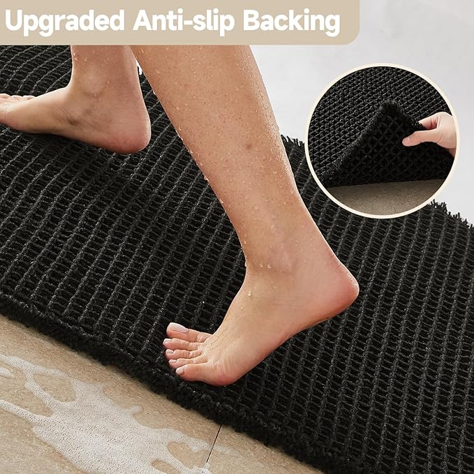 Black Long Bathroom Rug, Waffle Runner Rug Bathroom Non Slip Washable Super Absorbent Quick Dry Boho Farmhouse Bath Decor, 72"x24" Black