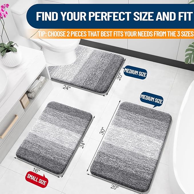 OLANLY Bathroom Rug Set 2 Piece, Soft Absorbent Microfiber Bath Rug Set, Non-Slip, Machine Wash Dry, Plush Shaggy Bath Mats for Bathroom (30"x20"+24"x16", Grey)