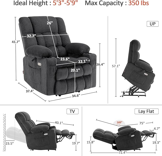MCombo Dual Motor Power Lift Recliner Chair with Massage and Heat for Elderly People, Infinite Position, USB Ports, Cup Holders, Fabric 7890 (Medium, Dark Gray)