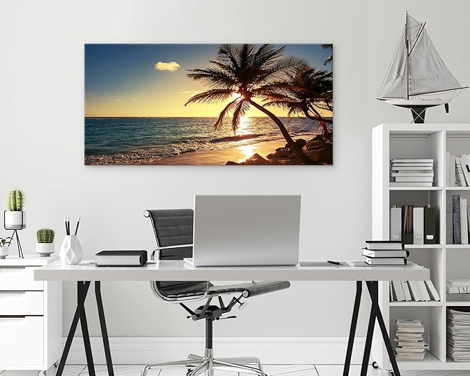 Muolunna S04998 Wall Art Decor Large Canvas Print Picture Sunset Ocean Beach Waves 1 Panel Coconut tree Scenery Painting Artwork for Office Home Decoration Stretched and Framed Ready to Hang