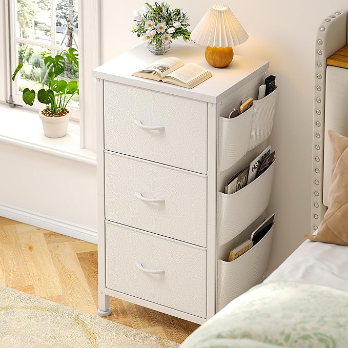 EnHomee Tall Nightstand, Night Stand with Drawers for Bedroom, Bedside Table with Wooden Top, Sturdy Steel Frame End Table, Dorm Nightstand for Bedroom, Entryway, Hallway, Closet, Cloth Bags,White