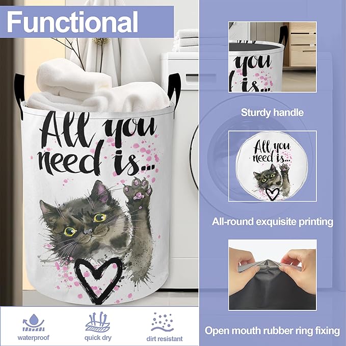 Cute Cat Laundry Basket, All you Need is Oxford Cloth Laundry Hamper With Handle Foldable Portable Clothes Storage Basket Storage Bag For Laundry Room/Bathroom/Bedroom/Dormitories