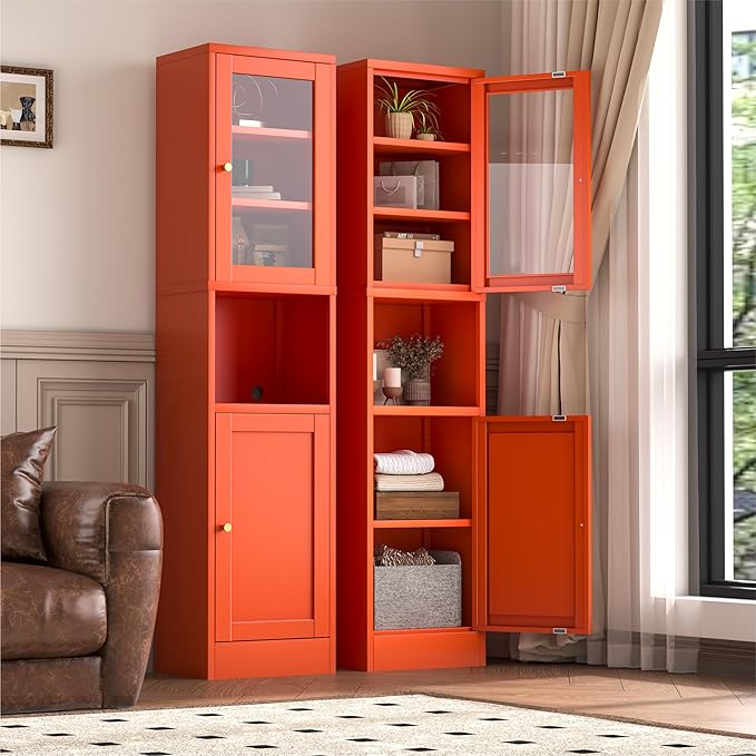 2-Door Metal Storage Cabinet, Tall Slim Pantry Organizer with 3 Adjustable Shelves (120LBS/Shelf), Anti-Tipping Waterproof Cabinet for Bathroom/Kitchen/Home Office/Small Spaces,(1PC,Orange)