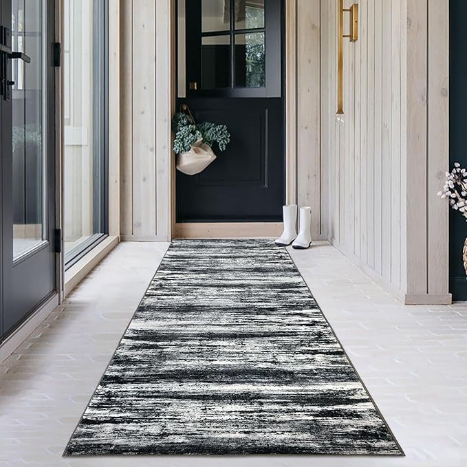 KOZYFLY Modern Abstract Washable Rug Runner 2.6x18 Hallway Rug Runner Non-Slip Soft Stair Runner Rugs, Black Navy Blue Grey Striped Carpet for Kitchen Entryway Bathroom Laundry Room Foyer