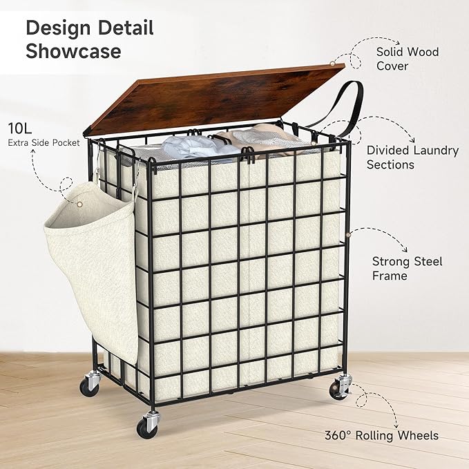 Laundry Basket with Wheels, Heavy Duty Laundry Sorter 2 Sections, Large Capacity Laundry Hamper with Wood Lid, 360 Rolling Wheels, Extra Side Pocket, Leather Pull Handle (Beige)