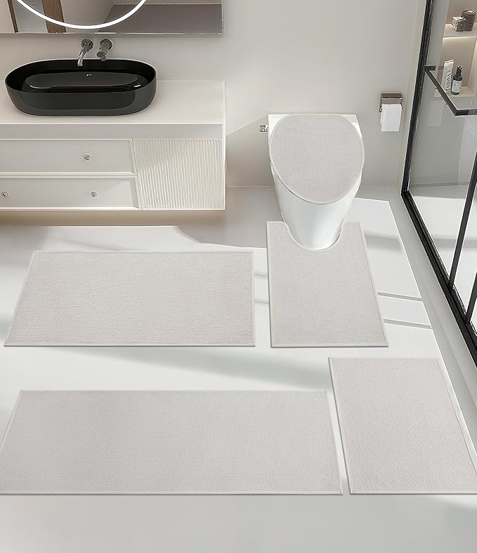 YIHOUSE Bathroom Rugs Mats Sets 5 Pieces Beige, Ultra Thin Bath Mat Absorbent Non Slip Bath Rugs for Bathroom Washable, Shower, Sink, Laundry (Beige, 5 Pieces)