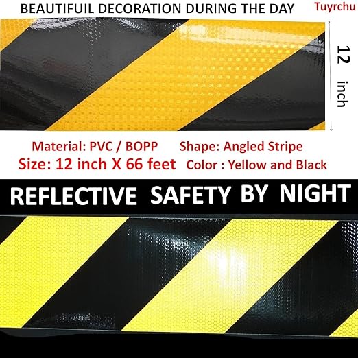 Yellow and Black Reflective Tape 12 inch Wide, Outdoor Waterproof Hazard Conspicuity Warning Industrial Marking Tape (66 feet)