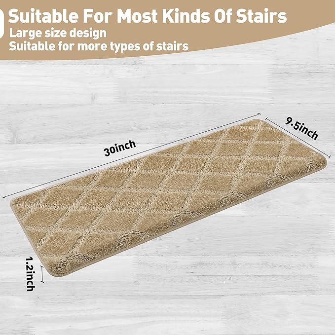 PURE ERA Bullnose Carpet Stair Treads Set Tape Free Non-Slip Indoor Stair Protectors Pet Friendly Rugs 9.5" x 30"(2 Pieces,Khaki Diamond Trellis)