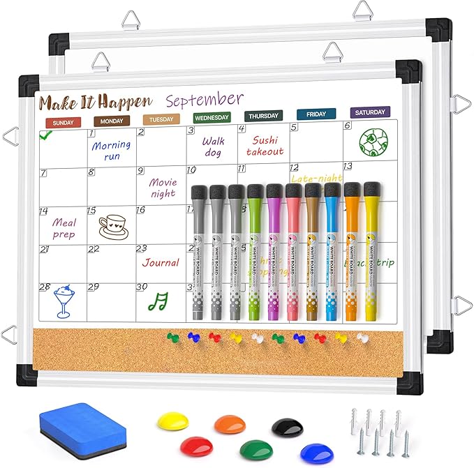 Monthly Dry Erase Board and Cork Board Combo for Wall, 17"x13" Reversible Hanging Dry Erase Board, Double Sided White Board with Aluminum Frame for Planning, Office, Kitchen, School, Home