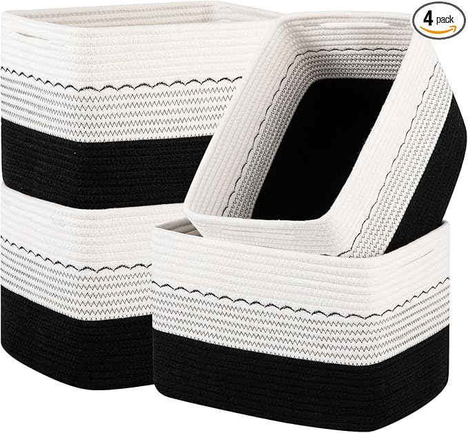 4 Pack Storage Baskets for Organizing, 13"X9"X7.87", Decorative Cotton Rope Baskets with Wave-Patterned Embroidery for Shelves, Small Woven Basket for Toys, Books and Towels, Black & White
