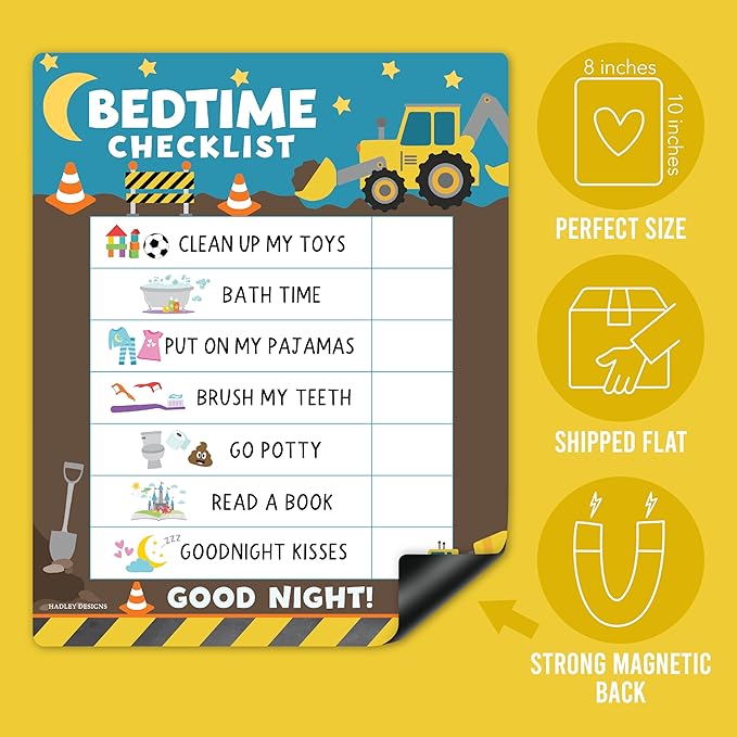Magnetic Morning & Bedtime Routine Chart for Kids - Customizable Toddler Daily Schedule Board with Dry Erase Surface, Stickers & Marker, Build Habits with Visual Checklists, Construction Theme