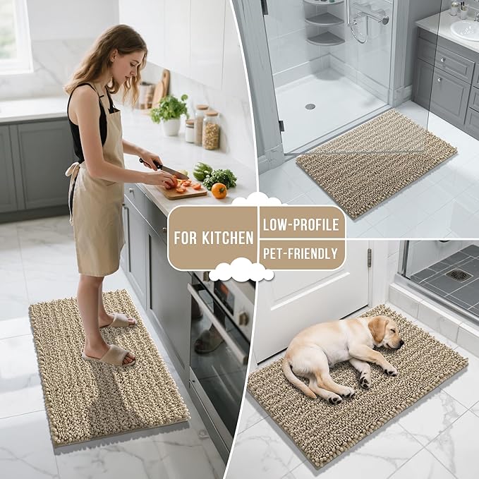 Yimobra Bathroom Rugs Non Slip Washable 32x20 Inch - Ultra Soft Absorbent Chenille Bath Mat, Quick Dry Shaggy Floor Carpet for Tub Shower, Camel Home Decor Accessories