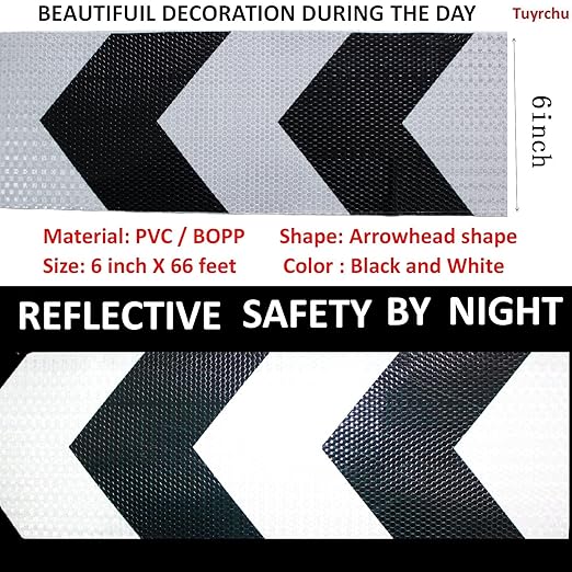 Black White Reflective Tape Outdoor Waterproof 6 inch X 66 feet, High Visibility Hazard Conspicuity Safety Industrial Marking Tape